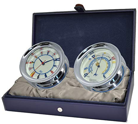 MASTER-MARINER American Voyager Collection - Coffret Cadeau - Verre à Vent Nautique - 14,6 cm de diamètre - Horloge et baromètre - Finition chromée - Cadran avec Drapeau Ivoire