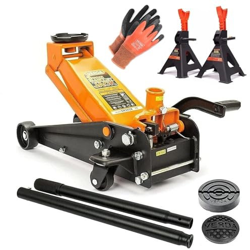 Hydraulischer Wagenheber 3T, 130-490 mm + 2X Gummi, Rangierwagenheber, Heber, Unterstellbock, Montagehandschuhe, Profi, Ständer, Flache, Wohnmobil, Geländewagen (Wagenheber 3T +2X Unterstellbock)
