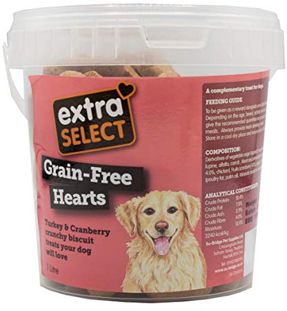 Extra Select Grain Free Baked Heart Shaped Dog Treat Biscuits with Turkey & Cranberry in a 1ltr Bucket (approx 80 biscuits)