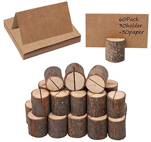 30 Set Rustic Real Wood Base,Place Card Holders with Wooden Bark Table Card Holder Picture Memo Note Photo Clip Holder for Wedding Xmas Party Home Office Decoration