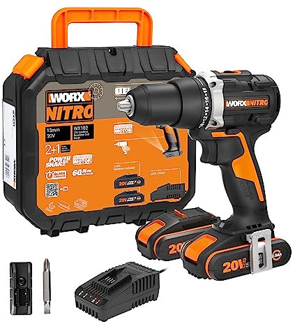 WORX Taladro atornillador Brushless 20V | PowerShare | WX102-2 baterías 2Ah, cargador y maletín | motor sin escobillas, portabrocas metálico | 2 velocidades, carcasa de engranajes metálica