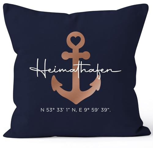 SpecialMe® Kissen-Bezug Personalisiert Anker Heimathafen Koordinaten Wunschtext Geschenk Liebe Familie Zuhause Einzug Einweihung Navy 40cm x 40cm