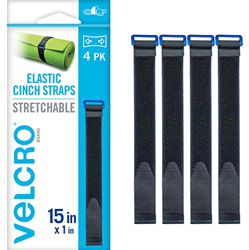 VELCRO Brand VEL-30792-AMS 15 Inch Elastic Straps 4 Pack | Stretchable and Adjustable for Snug Fit | Fasten Lumber, Yoga Mats, Tools, Camping Equipment, More | Cinch with Buckle, Black 15x1