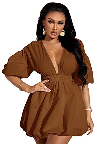 WDIRARA Women's Deep V Neck Puff Sleeve High Rise Flare Dress Elastic Waist Dress Brown Medium