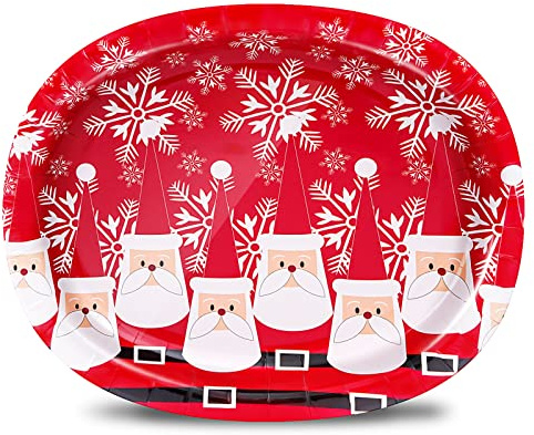 Tyzarglef 50 Count Christmas Oval Paper Plates, 10 x 12.5 Large Disposable Dinner Serving Platters for Holiday Xmas Dinnerware Table Decorations