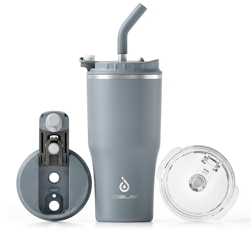 IDEUS Isolierbecher 18oz (540ml), Doppelwandige Kaffeetasse Edelstahl Kaffeebecher Reisebecher mit auslaufsicherer Abdeckung und Stroh, geeignet für heiße und kalte Getränke (Classic Grau)