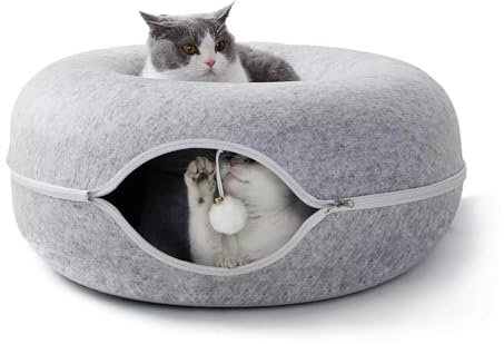 FAZLANIX Haustier-Tunnelhöhle, runde, graue Spielhöhle für Katzen, Kätzchen, Kaninchen und Welpen | Faltbar und abnehmbar mit Reißverschluss | Indoor-Spielzeug (mittelgroß)