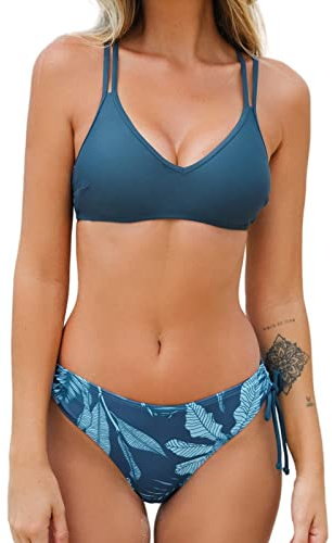 CUPSHE Women Swimsuit Bikini Set Two Piece Bathing Suit Criss Cross Back Strappy Side with Double Spaghetti Straps, M Aegean Blue