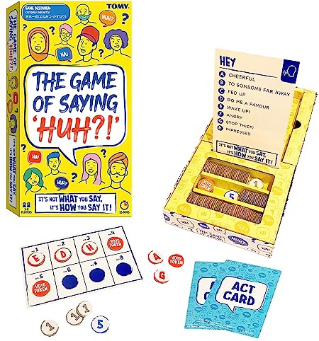 TOMY The Game of Saying 'Huh?!' - Voice Impressions Card Games - Funny Party Game of Acting & Guessing Correctly to Win - Family Board Games for Adults, Teens & Kids 8+ - Board Game for 3-8 Players