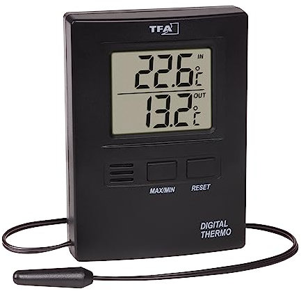 TFA Dostmann Thermomètre numérique, int/ext température, 30.1012.01, sonde à câble étanche, valeurs maxi et mini, exclusivité Amazon, noir