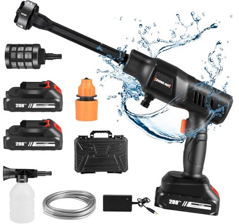 Pulitore ad alta pressione per auto, pistola ad acqua elettrica ad alta pressione portatile 21 V 45 bar con 2 batterie 1000 mAh, per auto, terrazza, pulizia tappeto