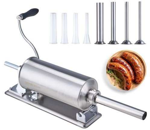 VEVOR Manueller Wurstfüller, 2,5 L horizontale Wurstmaschine mit U-Klemme, aus lebensmittelechtem Edelstahl, inkl. 8 Füllrohren, für Zuhause, Küche, Restaurant, Gewerbe
