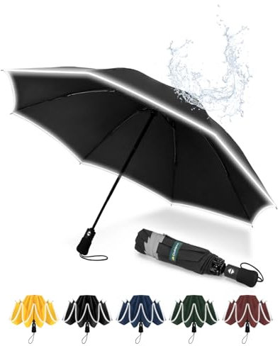 Chakipee Regenschirm Groß Sturmfest Reflektierend für Herren und Damen – Taschenschirm Automatik Auf und Zu Reise Schirm Kompakter Tragbarer, Taschenschirme Schwarz 210T Beschichtung 106 cm Spannweite