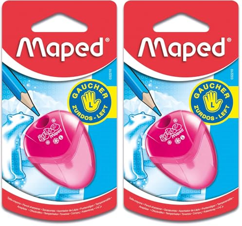 Maped - Material Escolar - Acero inoxidable Sacapuntas con Depósito igloo - Especial para Zurdos - Tiene 1 Orificio para Afilar - Tamaño Compacto - 3 Diseños Diferentes (Paquete de 2)