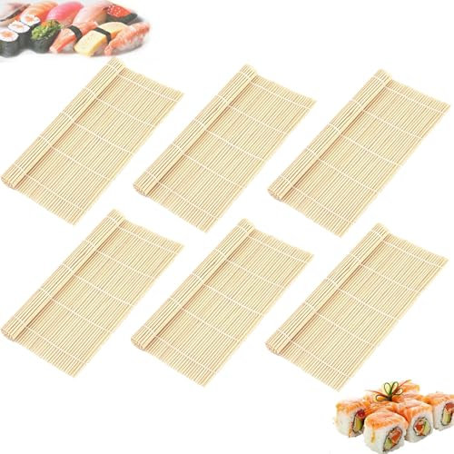 CPRNQY Bambus Sushi Matte und Rollmatte Set 6 Stück für Anfänger - Ideal Für Picknick, Party, Schule