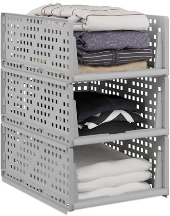 Relaxdays Organizadores de Armario, Set de 3, Cajas Almacenaje Apilables, Extraíbles, Cajones 18 x 33,5 x 43,5 cm, Gris