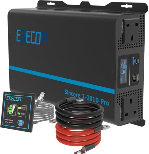 EDECOA 2000W Pure Sine Wave Power Inverter 2000 Watts DC 12V to 240V AC Car Power Converter 4000W Peak with USB Port Type-C Port, UK Outlets, Remote Controller