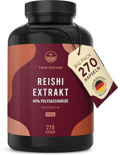Reishi Pilz-Extrakt – 270 Kapseln (670 mg) – Hochdosiert: 20.100 mg/Tag – Premium-Extrakt, 40% Polysaccharide – 3 Monate Vorrat – Ganoderma lucidum – Vegan, deutsche Produktion – TRUE NATURE®