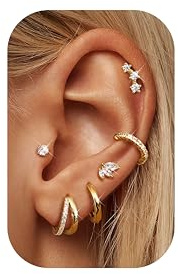 Dochais 6 Pares Pendientes Oro para Mujer, 14K Chapado Oro HipoalergénicosSet de Pendientes Clip Huggie Hoop en Acero Quirúrgico 316L para Múltiples Piercings