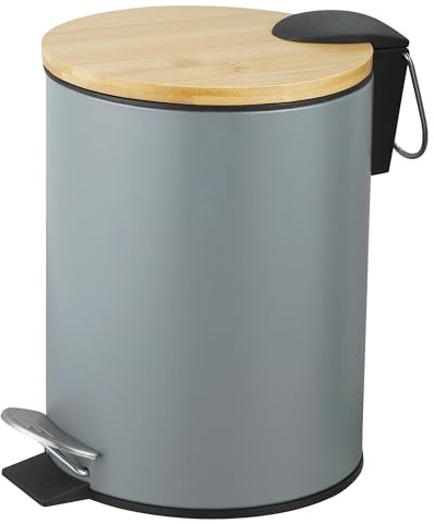 Amig - Cubo de Basura para Baño con Pedal 3 Litros Mod. Naturline - Color Gris y Bambú - Apertura Higiénica sin Manos - Ø16,8 x 23 cm - Acero Inoxidable Lacado - Papelera Redonda con Tapa Hermética