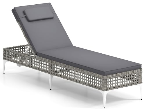 COSTWAY Rattan Sun Lounger, 6-Level Adjustable Chaise Lounge Chair (Grey) | with Removable Cushion & Headrest, Garden Reclining Sunbed, Outdoor Wicker Sunbathing Recliner Chair, for Patio Deck Poolside