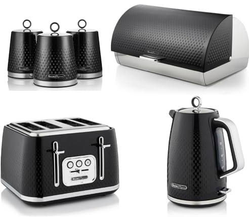 Swan Elegance Black 1.7L Kettle, 4 Slice Toaster, Breadbin & Canisters. Contemporary Matching Kitchen Set of 6 with a Premium Textured Black Finish
