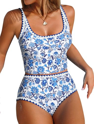 ZAFUL Tankini Swimsuit Tummy Control Bathing Suits Two Piece Swim Top with High Waisted Bottom Shell Stitch Swim Suits 2025 Blue Floral M