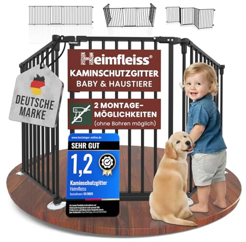 Heimfleiss® Kaminschutzgitter Baby mit Sicherheitsverschluss | Ofenschutzgitter für Kinder & Hunde | Kamingitter Kinderschutz aus Stahl | Universal nutzbar als Ofengitter, Treppengitter & Türgitter