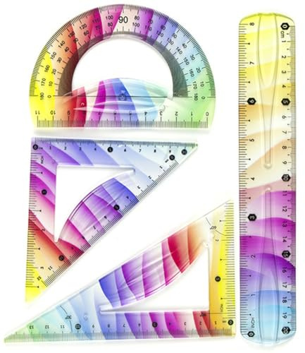NiuLumea Set di 4 righelli in plastica flessibile, righelli dritti, isosceli e triangolo destro, goniometro a semicerchio, per doppia scala metrica, studenti e artisti