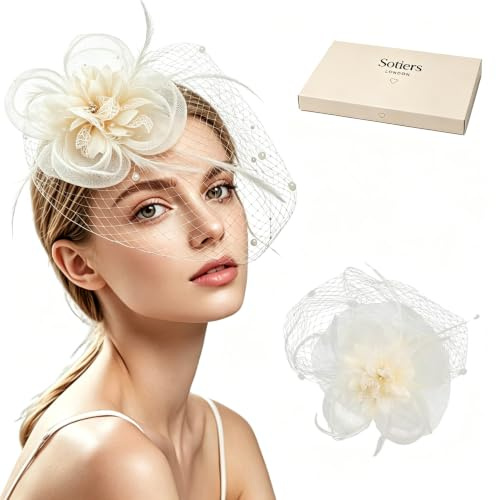 Sotiers Fascinator for Weddings, Elegant Fascinator Hat for Women | Feather & mesh design, lightweight, secure headband, elegant wedding style, Royal Ascot ready.