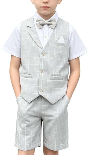 LOLANTA 4 pzs Trajes para Niños de Boda Verano, Conjunto Niño Vestir de Ceremonia Bautizo, Chaleco Pantalón Camisa con Pajarita, 2-3 años, Gris, Talla 90