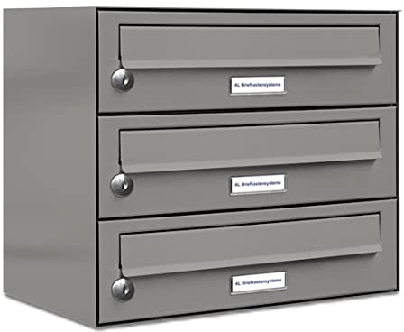 AL Briefkastensysteme 3er Briefkasten in Aluminiumgrau RAL 9007, Premium Briefkasten DIN A4, 3-Fach Postkasten modern Aufputz