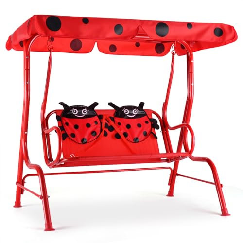 DREAMADE Hollywoodschaukel Kinder, Kinderschaukel Gartenschaukel mit Sonnenschutz, Kinderschaukel Metall Schaukel, Kinder Schaukelset für Outdoor, Garten, Balkon, max.80 kg belastbar (Rot)