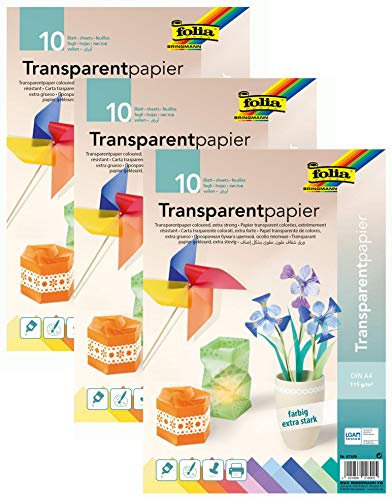 folia 3er Pack 87409 - Transparentpapier, farbig Sortiert, DIN A4, 10 Blatt, 115 g/qm - ideal zum Basteln, für Fensterbilder, Windlichter