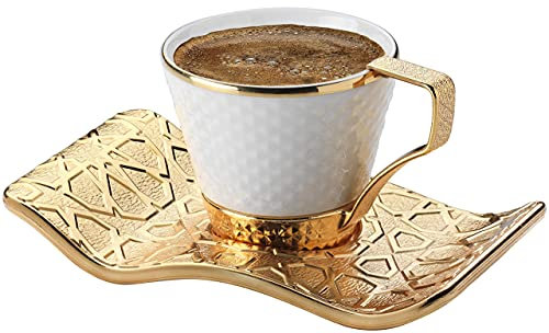 DEMMEX Juego de tazas de café y café expreso turco, griego, árabe, bosnio, para 6-18 piezas, tazas de porcelana (80 ml) con soportes y platillos de metal dorado, elegante otomano chic, blanco y dorado