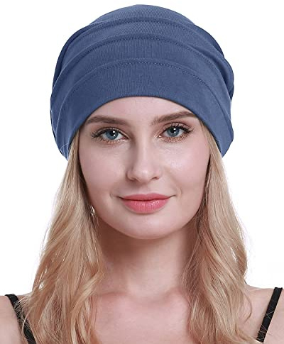 osvyo Cotton Chemo Hats Soft Caps Cancer Headwear for Women Hair Loss Sealed Packaging, Blue/Grey, One Size Fits All