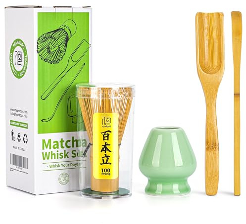 TEANAGOO 4 Pezzi Kit Matcha, frusta per Matcha (Chasen), paletta di bambù (Chashaku), cucchiaio da tè, porta frusta in celadon verde, TG-I1, il set perfetto per