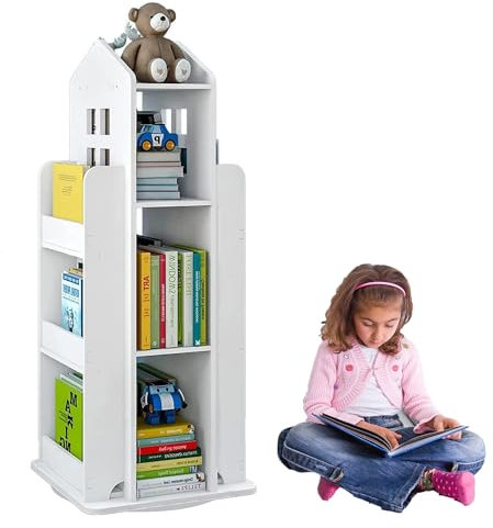tonchean Bücherregal mit 3 Etagen drehbar Bücherregal Schloss weiß hoch Bücherregal Bodenstehend Aufbewahrungsregal Bücher Spiele Spielzeug Organizer
