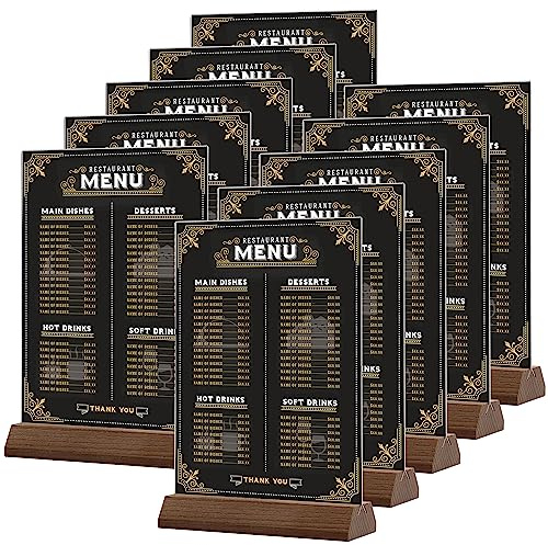 Srvnpioy Acrylic Sign Holders A5 (10 Pack) Wooden Base Table Stands Acrylic Menu Holders for Tables, A5 Vertical Display Stand Up Poster Holder for Office Document, Restaurants menus, Hotel