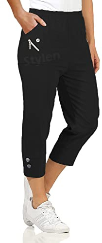 URBAN STITCH Womens Capri Trousers Ladies Three Quarter Soft 3/4 Cropped Pants UK Ladies Stretch Pull on Trousers Elasticated Waist Plus Size Summer Shorts (18, Black)