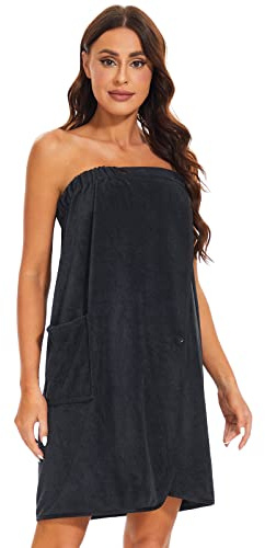Ymmchy Women Wrap Towel Robe Wrap Spa Bathrobe Adjustable Buttons Black XL