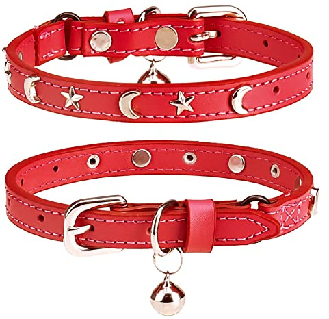 DILLYBUD Collari in pelle per gatti con campana e cintura elastica di sicurezza, collare personalizzato con fibbia di sicurezza regolabile a forma di stella e luna, per gattini, piccoli e grandi