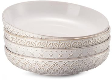 DOWAN Cuencos para Pasta Juego de 4, 1020ml Ensaladera, Φ21.5cm Platos Hondos para Sopas, Cocina, Frutas, Fideos, Amplios y Profundos, Aptos para Microondas y Horno | Vintage Blanco