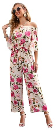 Love Welove Fashion Jumpsuits for Women – Vacation Dressy Casual Floral Off Shoulder Wide Leg One Piece Romper for Beach, Cruise & Garden Parties