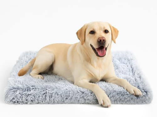 DONWEI Dog Bed Medium, Washable Crate Mattress for Dogs, Grey, 75x50x8cm | Ultra-Soft Faux Fur Fabric Dog Cushion, Anxiety-Relief, Remove Wash Cover, Anti-Slip Rubber Base, For Crate Bed, Kennel & Car