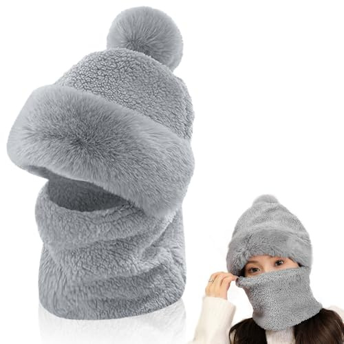 Aoreun 2 in 1 Frauen Flanell Schalmütze, Damen Winddichter Schal Wintermütze Strickmütze Warme Ohrschutz Winddicht Hut Mütze Kreis Schal Set für Damen Winddichte Mütze Kälteschutz Skimütze (Grau)