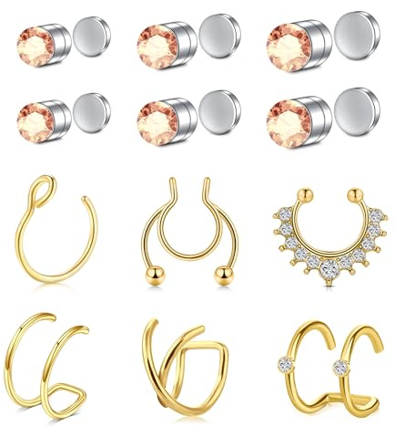AVYRING Set di Piercing Naso Finti e Orecchini Magnetici, Studs per Naso e Orecchie in Acciaio Inossidabile 316L, con Cristalli Zirconia Dorati, per Donne e Uomini