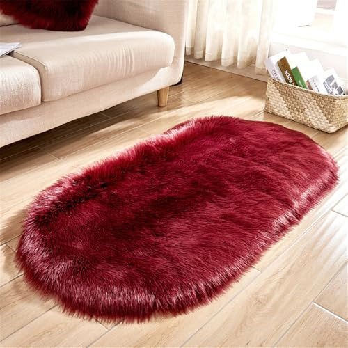 Treer Piel de Cordero Oveja/Alfombra de Imitación de Piel de Cordero,Imitación Mullida Alfombras Imitación Piel Sintética Decorativa,para Salón Dormitorio Sofá Silla Cojín (Rojo Vino,80X180cm)
