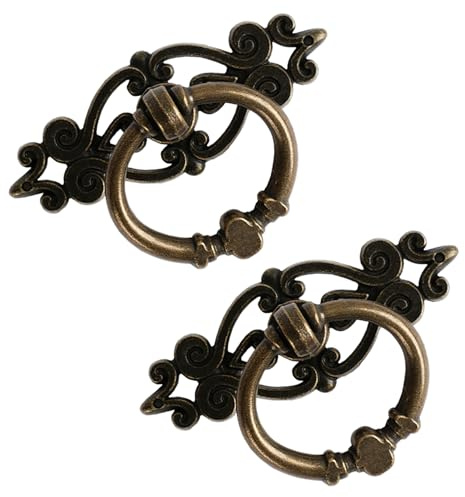 HOUSEHOOK Antique Bronze Ring Pull Handles 8 Pack, Single Hole Vintage Drawer Pulls with Decorative Backplates, Round Cabinet Knobs for Dresser Box Cupboard, 1.4 Inch Diameter