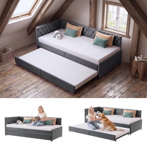 Sängklädsel, bäddsoffa, 90/180 x 200 cm, bäddsoffa med ribbotten, dagsäng, utdragbar bäddsoffa, 2 personer, dubbelbäddsoffa med sovfunktion, multifunktionell bäddsoffa, utan madrass (grå-A)